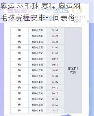 奥运 羽毛球 赛程,奥运羽毛球赛程安排时间表格